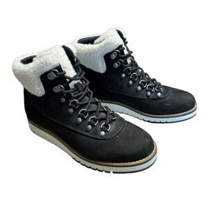 WHITE MOUNTAIN Black Leather Faux Fur Lace Up Hiker Cozy Booty Womens